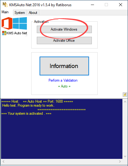 Activation launch button for Windows in KMSAuto Net