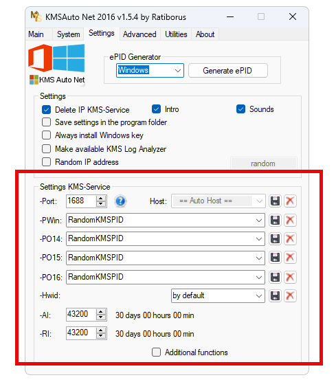 Additional settings in KMSAuto Net