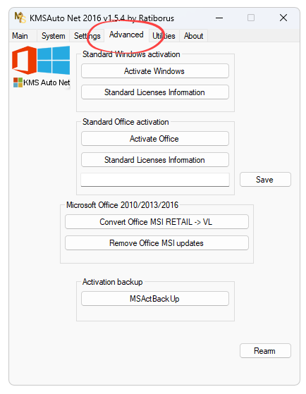 Additional tools tab in KMSAuto Net