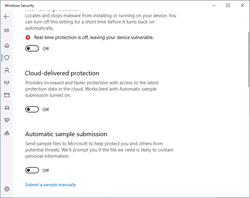 Deactivating real-time protection in Windows Defender