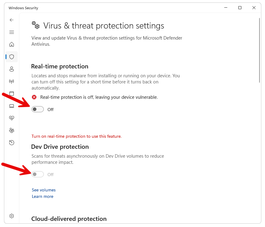 Disabling real-time protection in Windows Defender