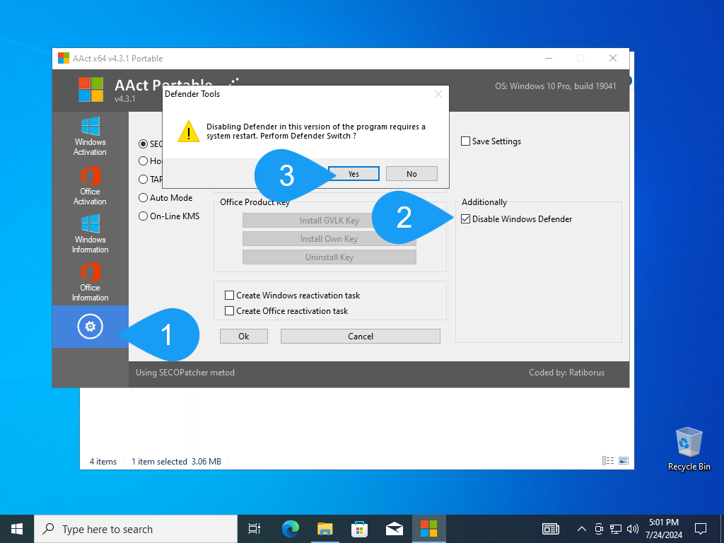 Disabling Windows Defender in AAct