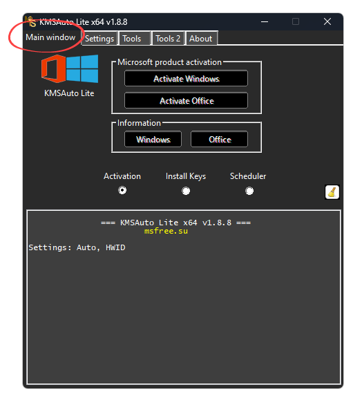 Main Window in KMSAuto Lite