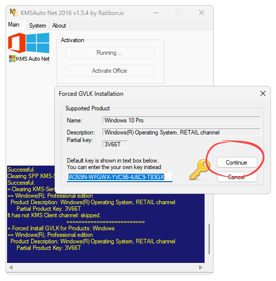 Product key installation in KMSAuto Net