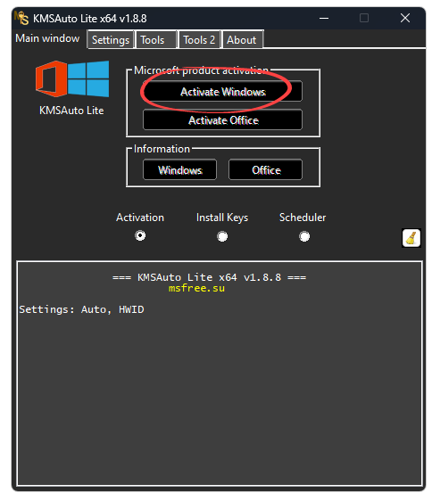 Starting Windows 11 Activation in KMSAuto Lite