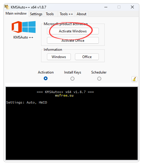Starting Windows Activation in KMSAuto++