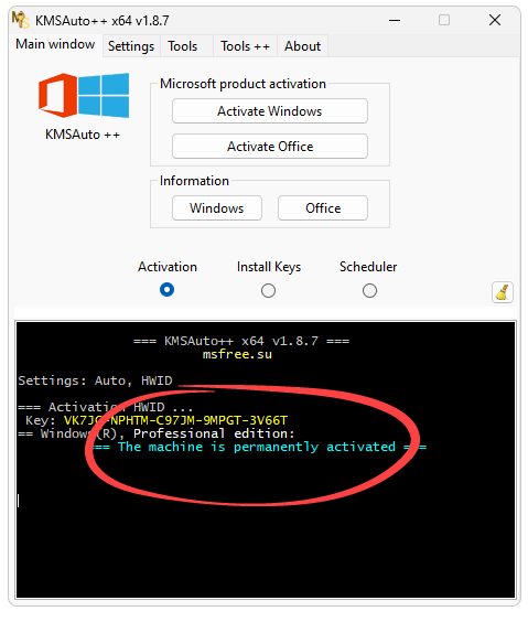 Successful activation of Windows 11 Home in KMSAuto