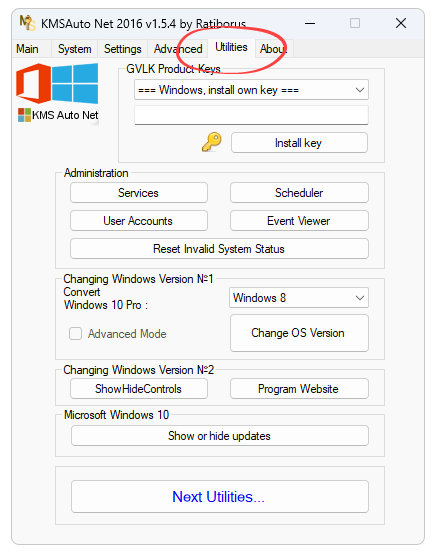 Utilities tab in KMSAuto Net