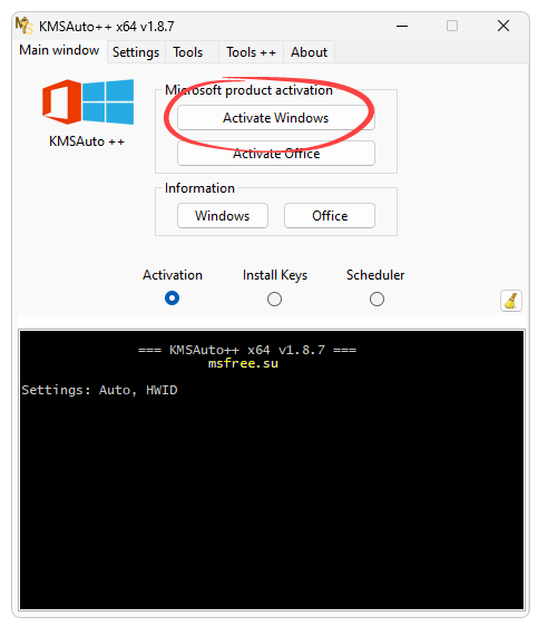 Windows 11 Home activation button in KMSAuto