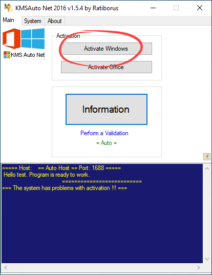 Windows activation button in KMSAuto Net