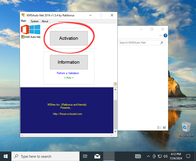 Windows activation button in KMSAuto Net