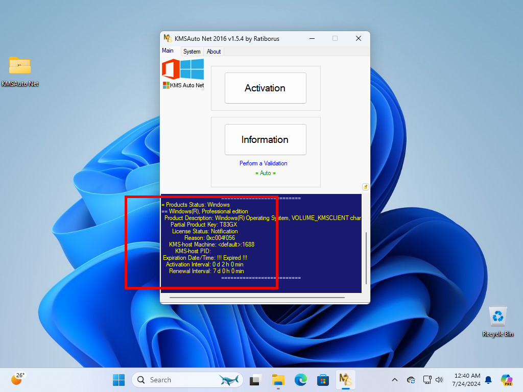 Windows activation record in KMSAuto Net